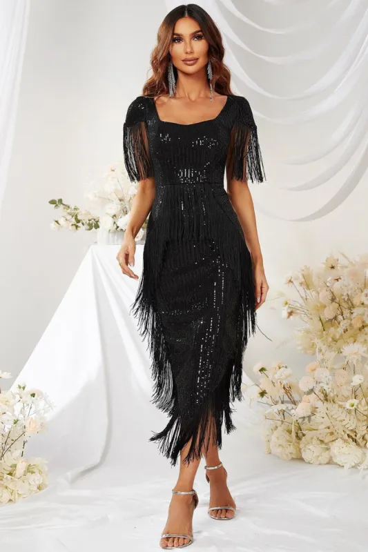 Square Neck Black Formal Dress with Fringes sold by Zapaka