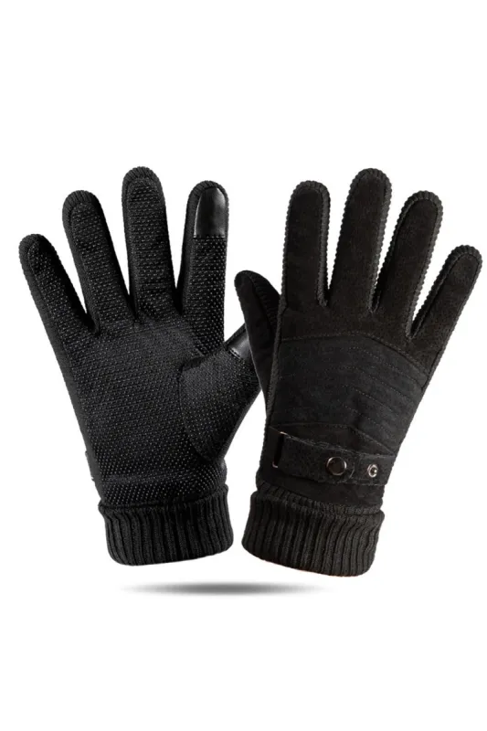 Black Pigskin Buckled Fleece Gloves For Men made by Zapaka