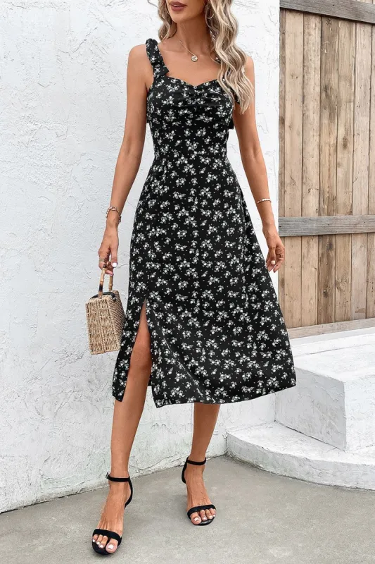 Black Spaghetti Straps A Line Printed Summer Dress With Slit sold by Zapaka