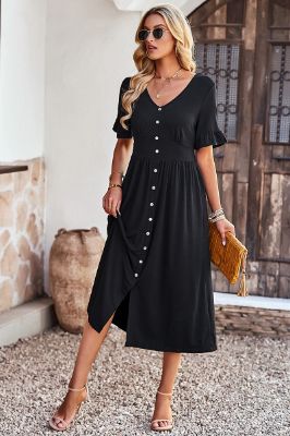 Black Short Sleeve Button Down Summer Dress sold by Zapaka