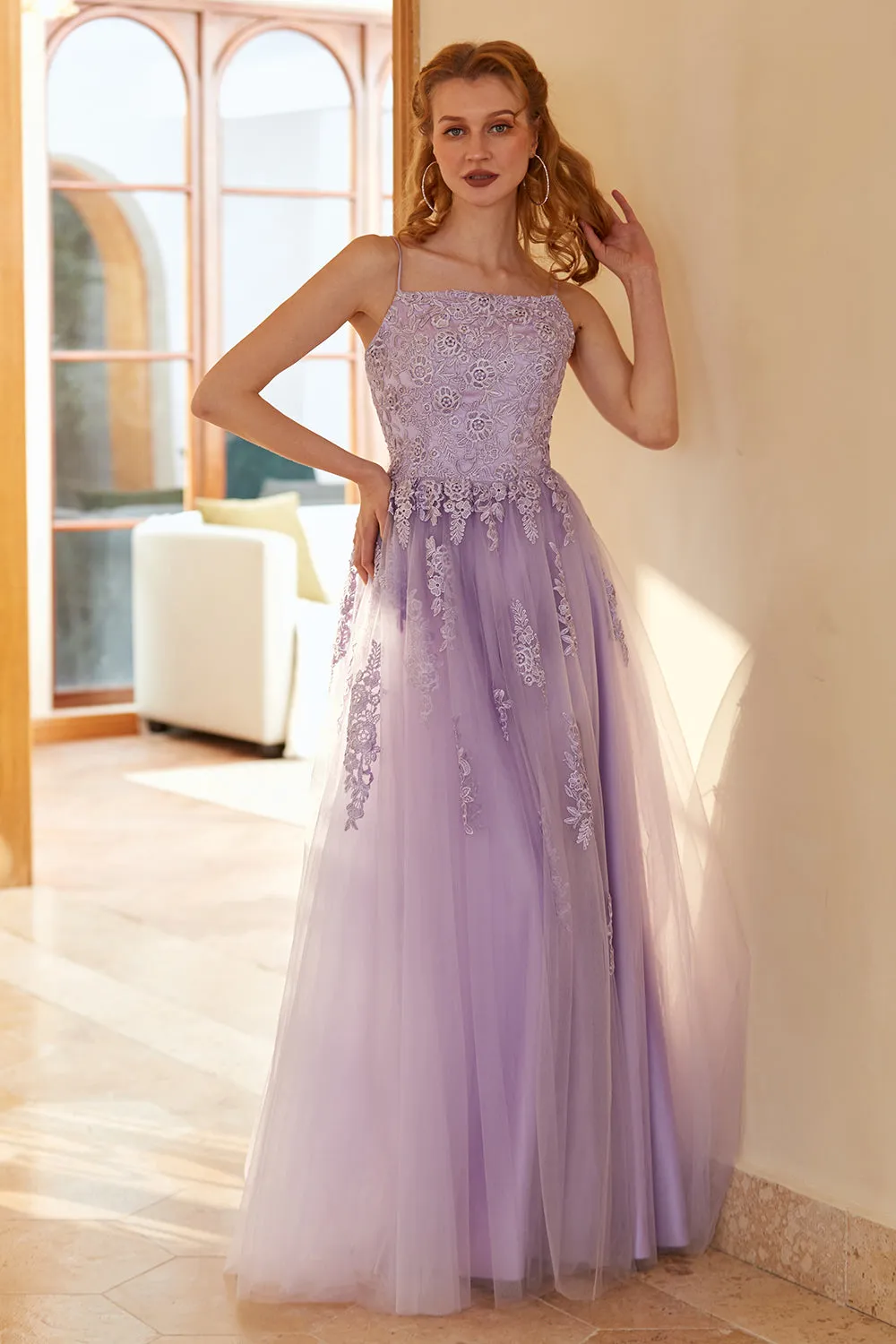 Charming A Line Spaghetti Straps Light Purple Long Prom Dress with Appliques sold by Zapaka product image thumbnail 4