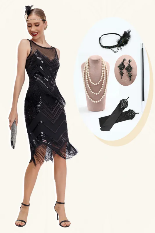 Black Sparkly Fringes 1920s Dress with Accessories Set sold by Zapaka