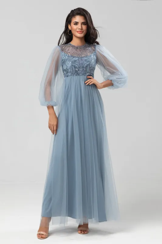 Chic Romantic A Line Jewel Neck Grey Blue Long Bridesmaid Dress with Long Sleeves sold by Zapaka