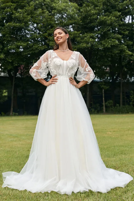 Ivory Puff Sleeves Corset Wedding Dress with 3D Flowers sold by Zapaka