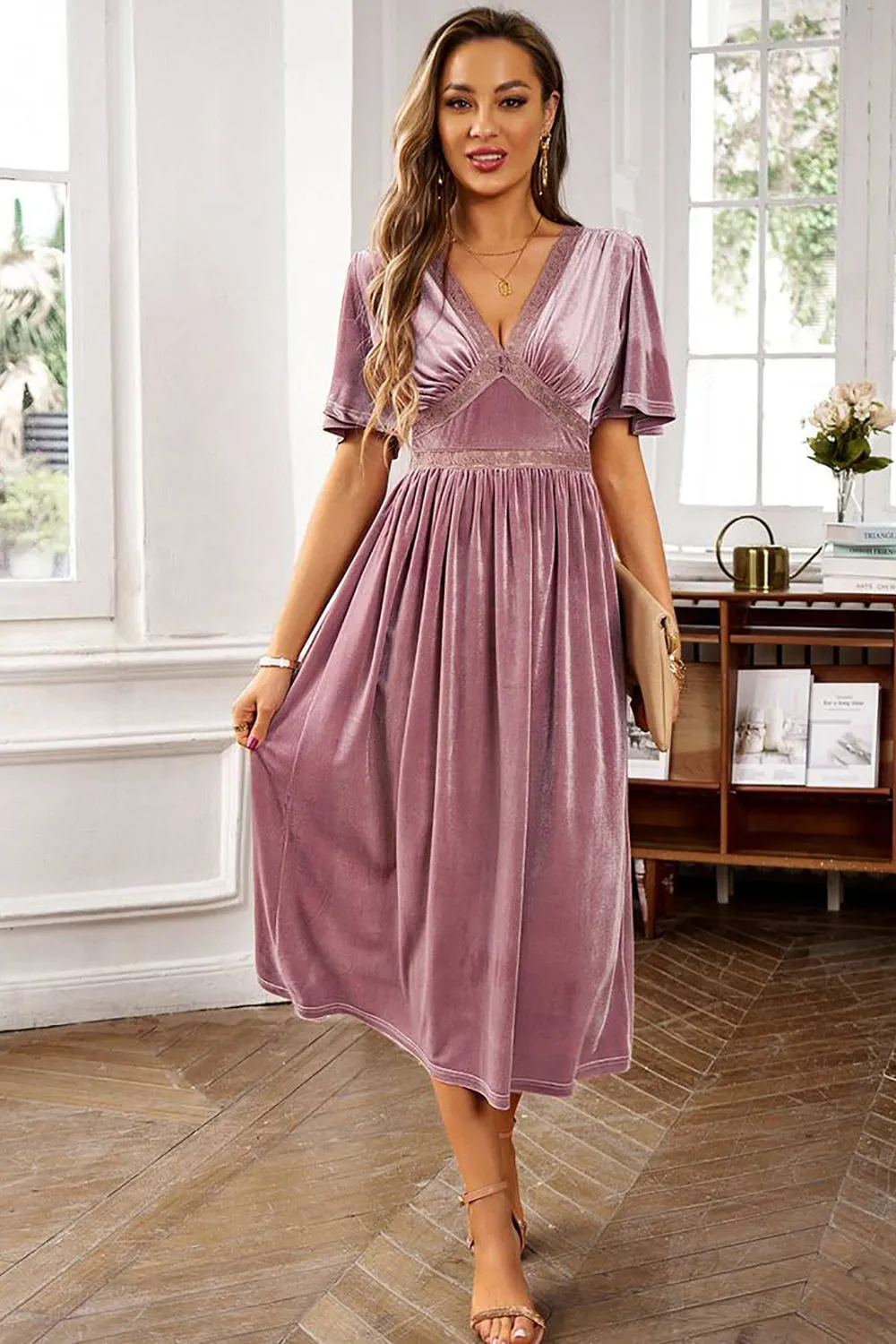 Velvet V-neck A Line Holiday Party Dress sold by Zapaka product image thumbnail 4