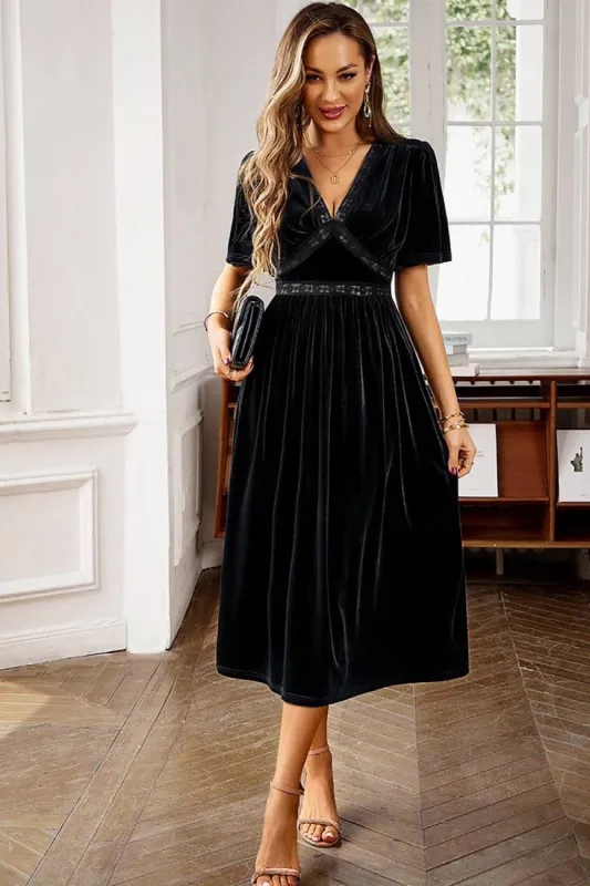 Velvet V-neck A Line Holiday Party Dress sold by Zapaka