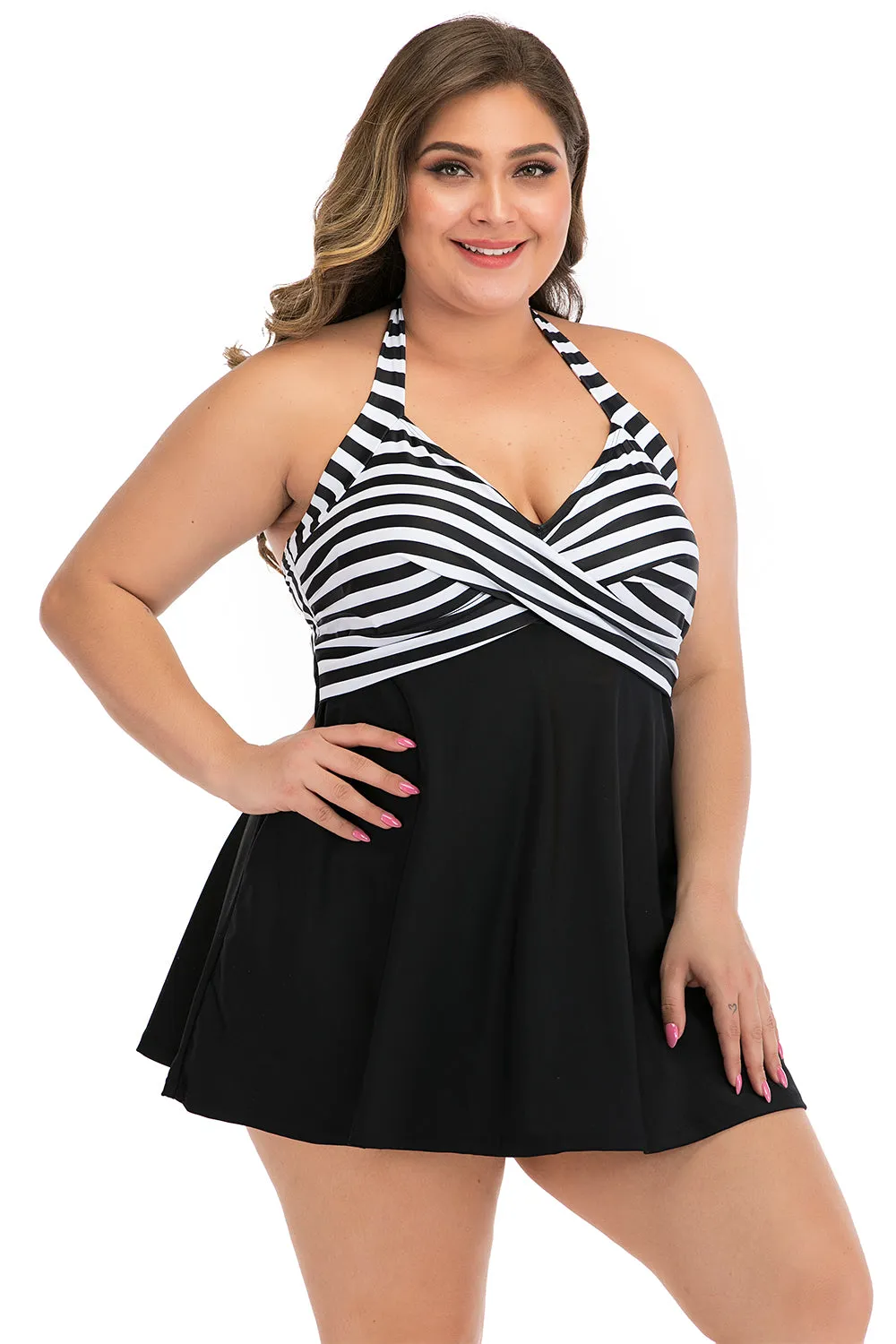 Plus Size Black and White Striped Swimwear sold by Zapaka