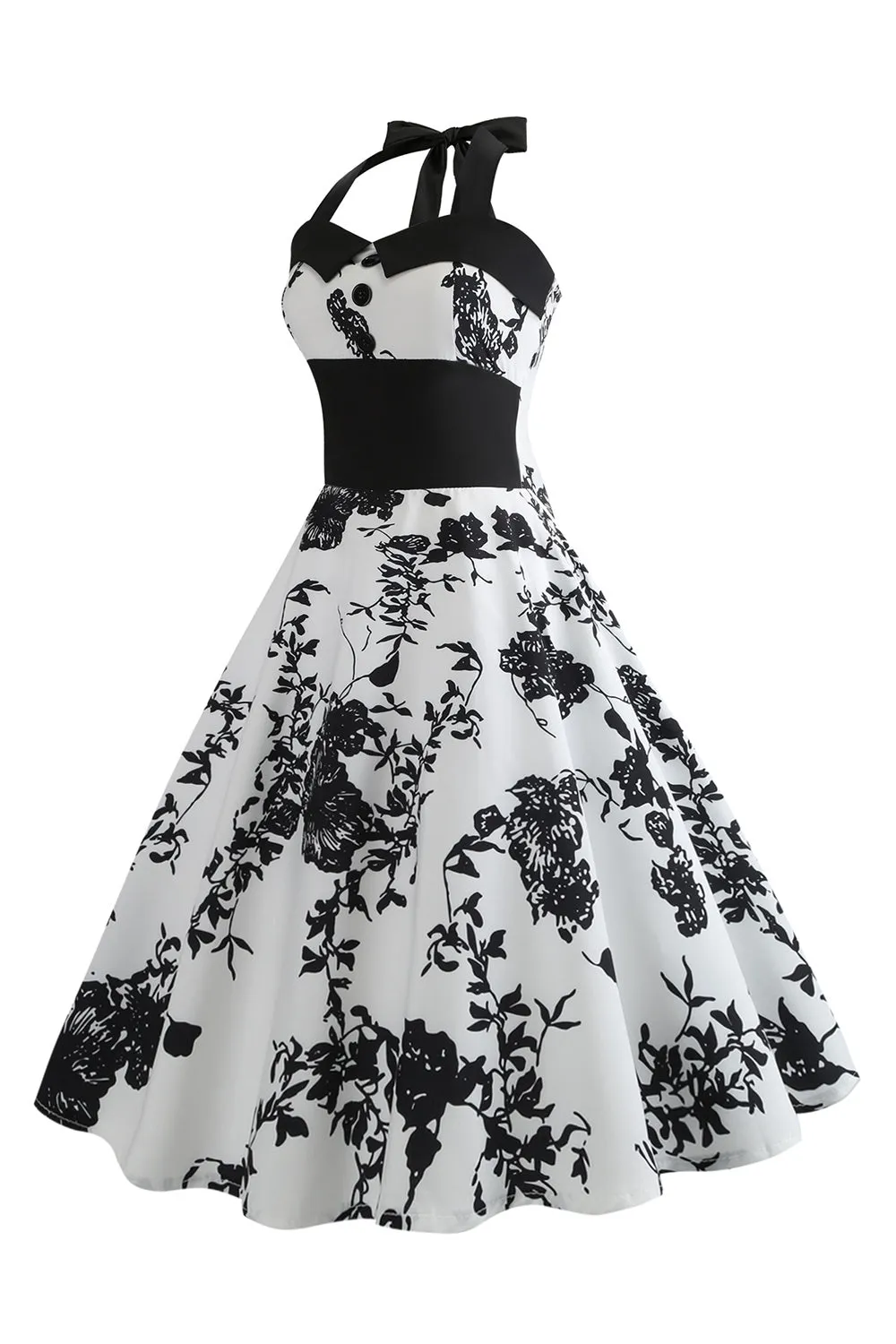 Halter Printed White 1950s Dress with Button sold by Zapaka product image thumbnail 3