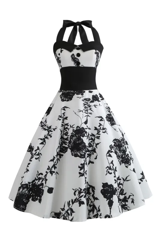Halter Printed White 1950s Dress with Button sold by Zapaka