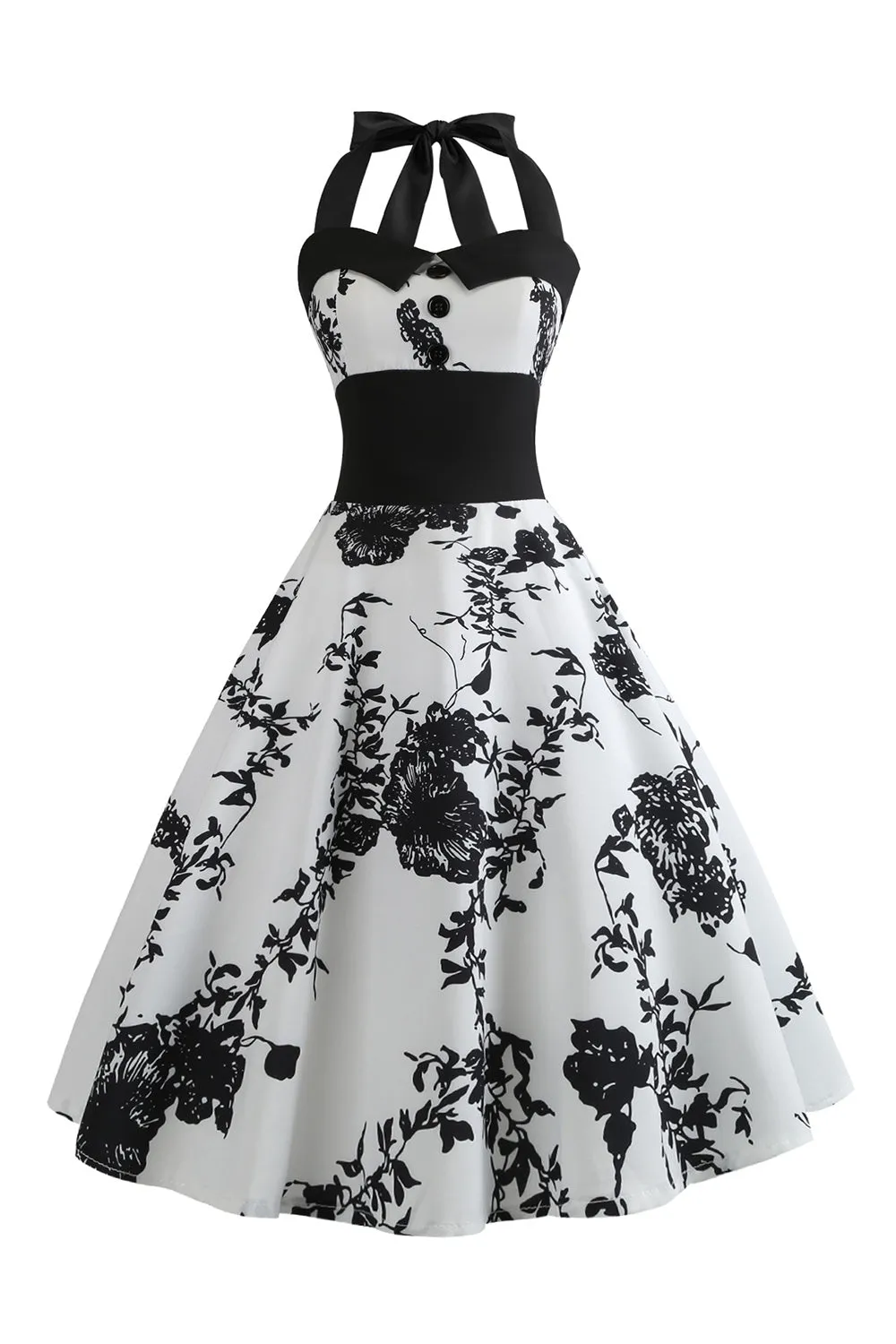 Halter Printed White 1950s Dress with Button sold by Zapaka