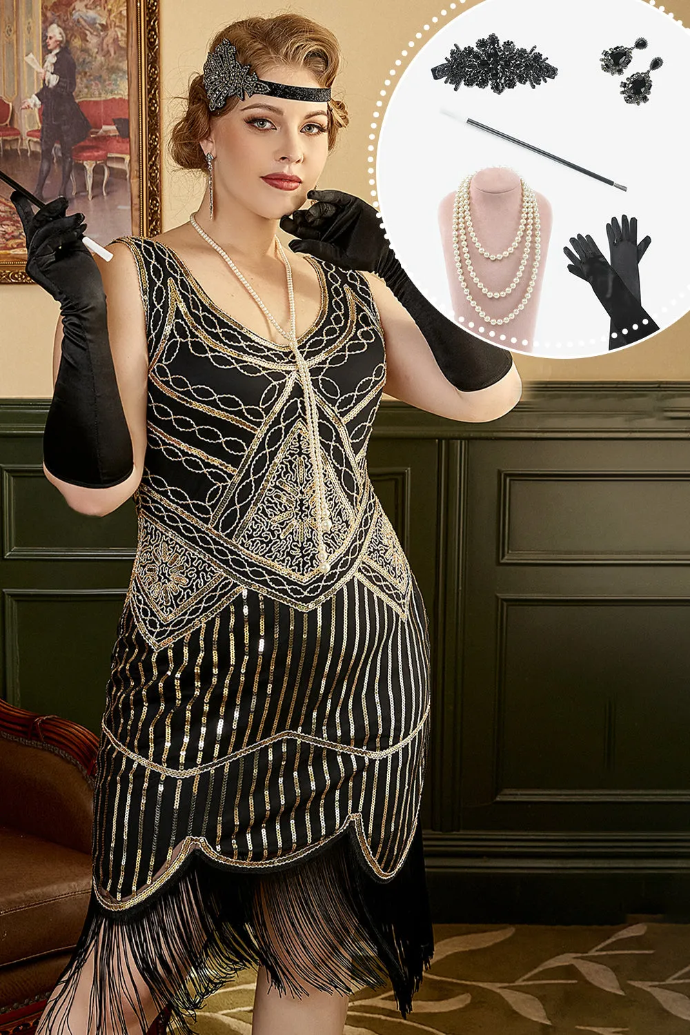 Black Golden 1920s Plus Size Dress with 20s Accessories Set sold by Zapaka