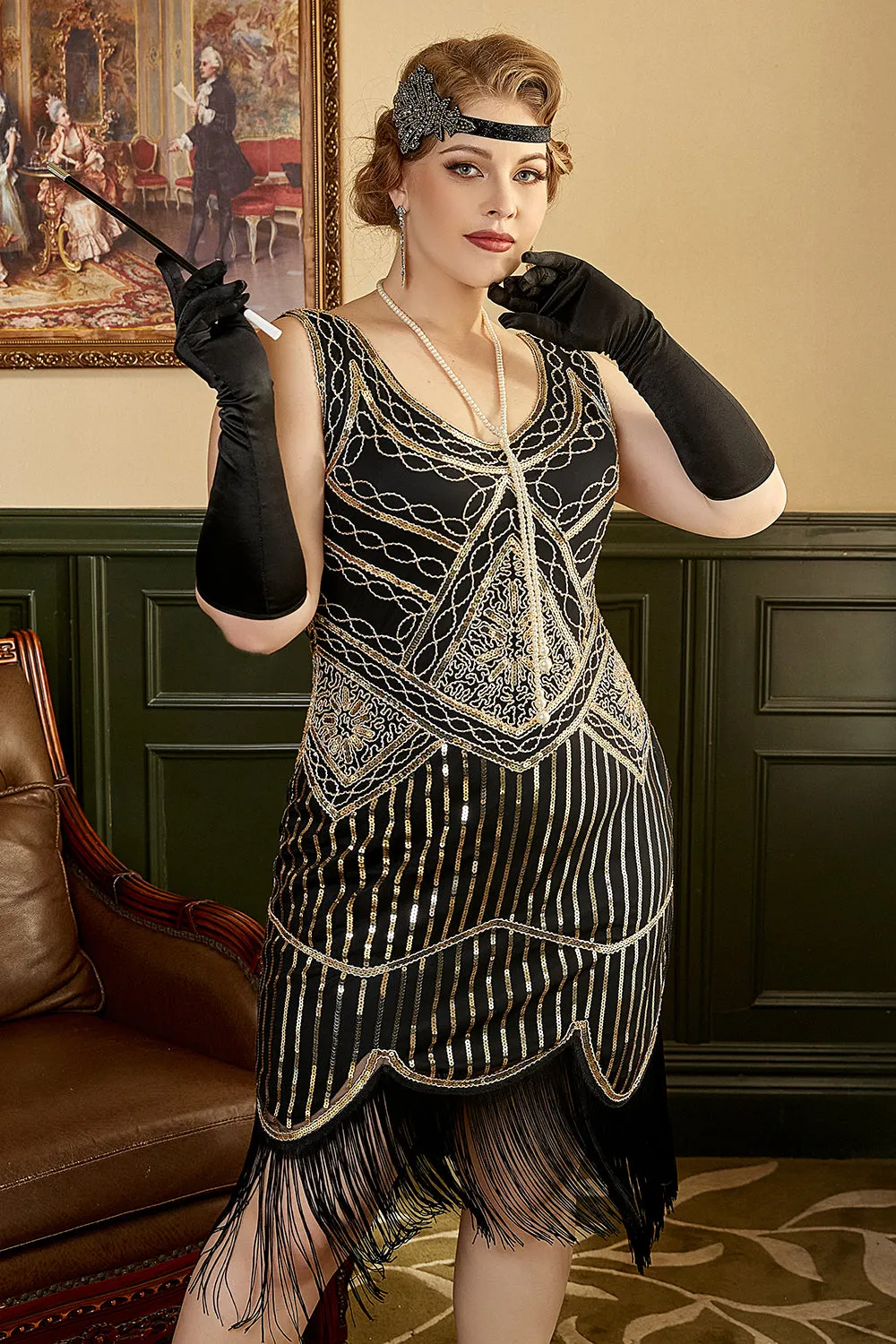 Black Golden 1920s Plus Size Dress with 20s Accessories Set sold by Zapaka product image thumbnail 2