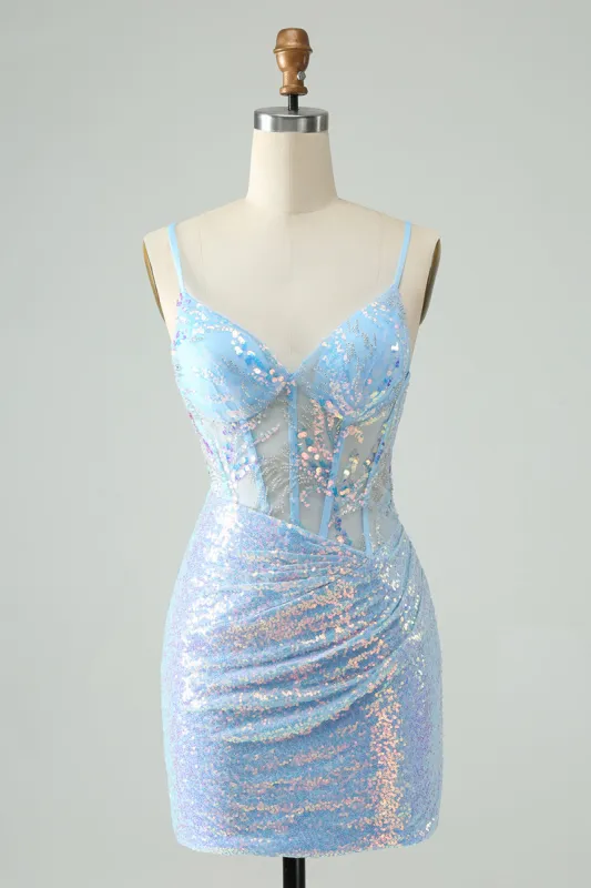 Glitter Light Blue Tight Spaghetti Straps Short Homecoming Dress with Sequins sold by Zapaka