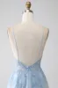 A-Line Spaghetti Straps Grey Blue Prom Dress with Beading sold by Zapaka