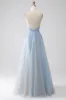 A-Line Spaghetti Straps Grey Blue Prom Dress with Beading sold by Zapaka