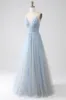 A-Line Spaghetti Straps Grey Blue Prom Dress with Beading sold by Zapaka