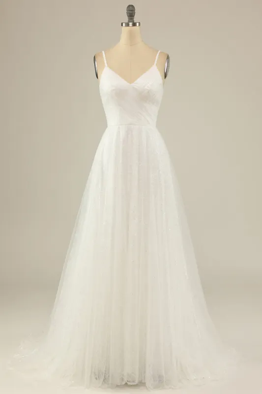 A Line Spaghetti Straps White Tulle Party Dress sold by Zapaka