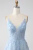 A-Line Spaghetti Straps Grey Blue Prom Dress with Beading sold by Zapaka