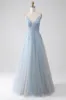 A-Line Spaghetti Straps Grey Blue Prom Dress with Beading sold by Zapaka