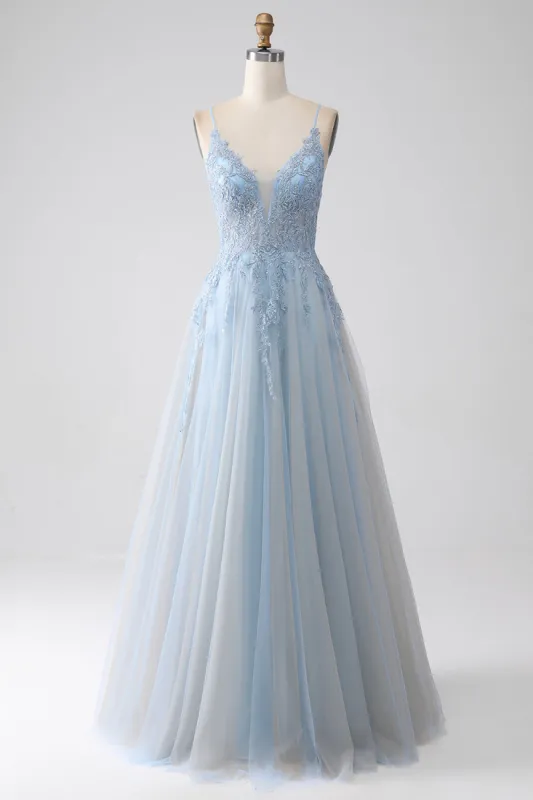 A-Line Spaghetti Straps Grey Blue Prom Dress with Beading sold by Zapaka