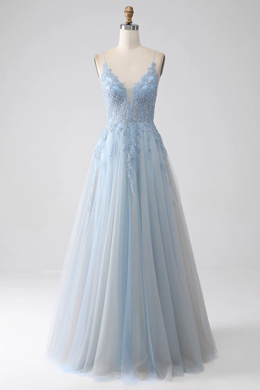 A-Line Spaghetti Straps Grey Blue Prom Dress with Beading sold by Zapaka