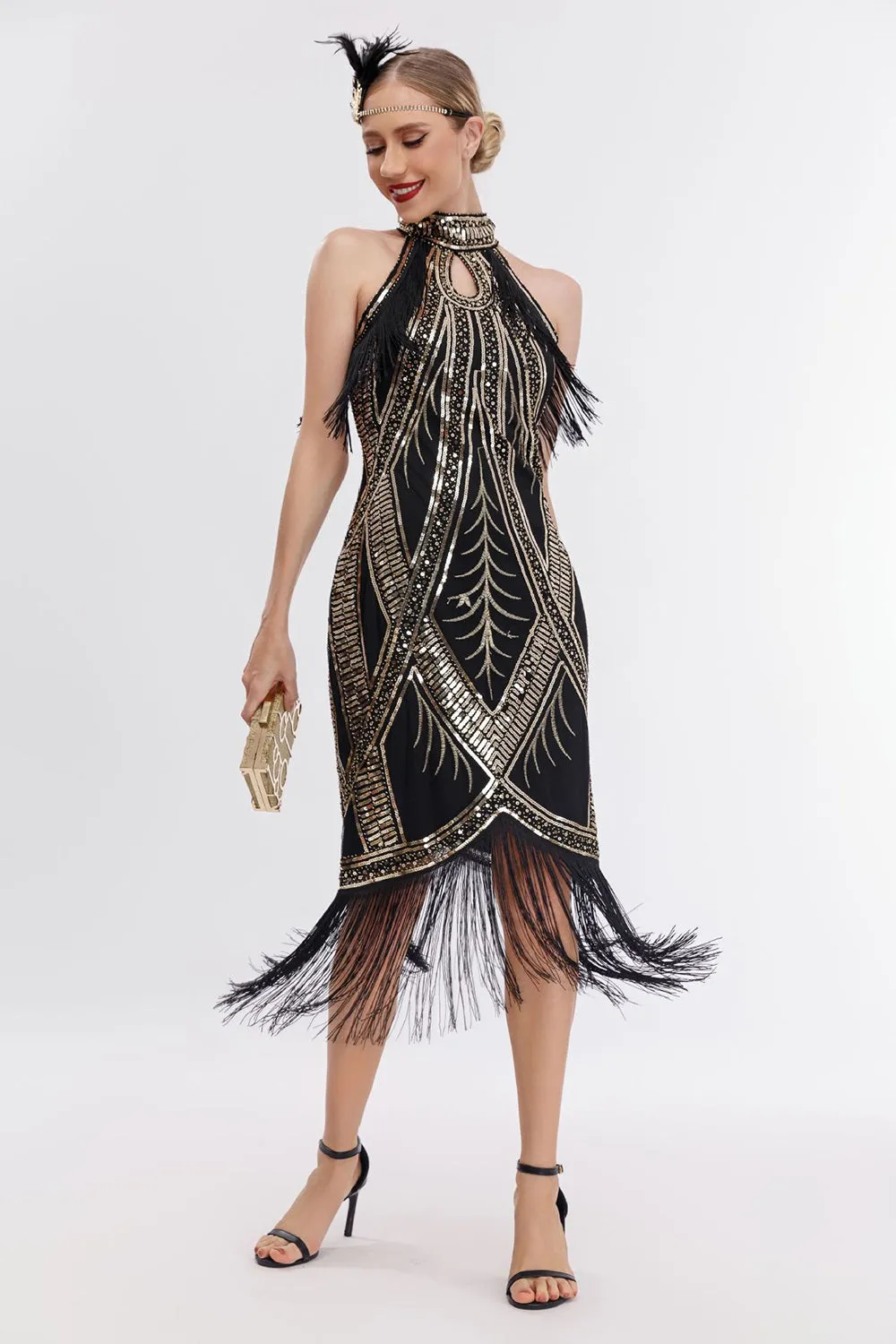 Sparkly Black Golden Sequins Fringed 1920s Dress with Accessories Set sold by Zapaka product image thumbnail 4