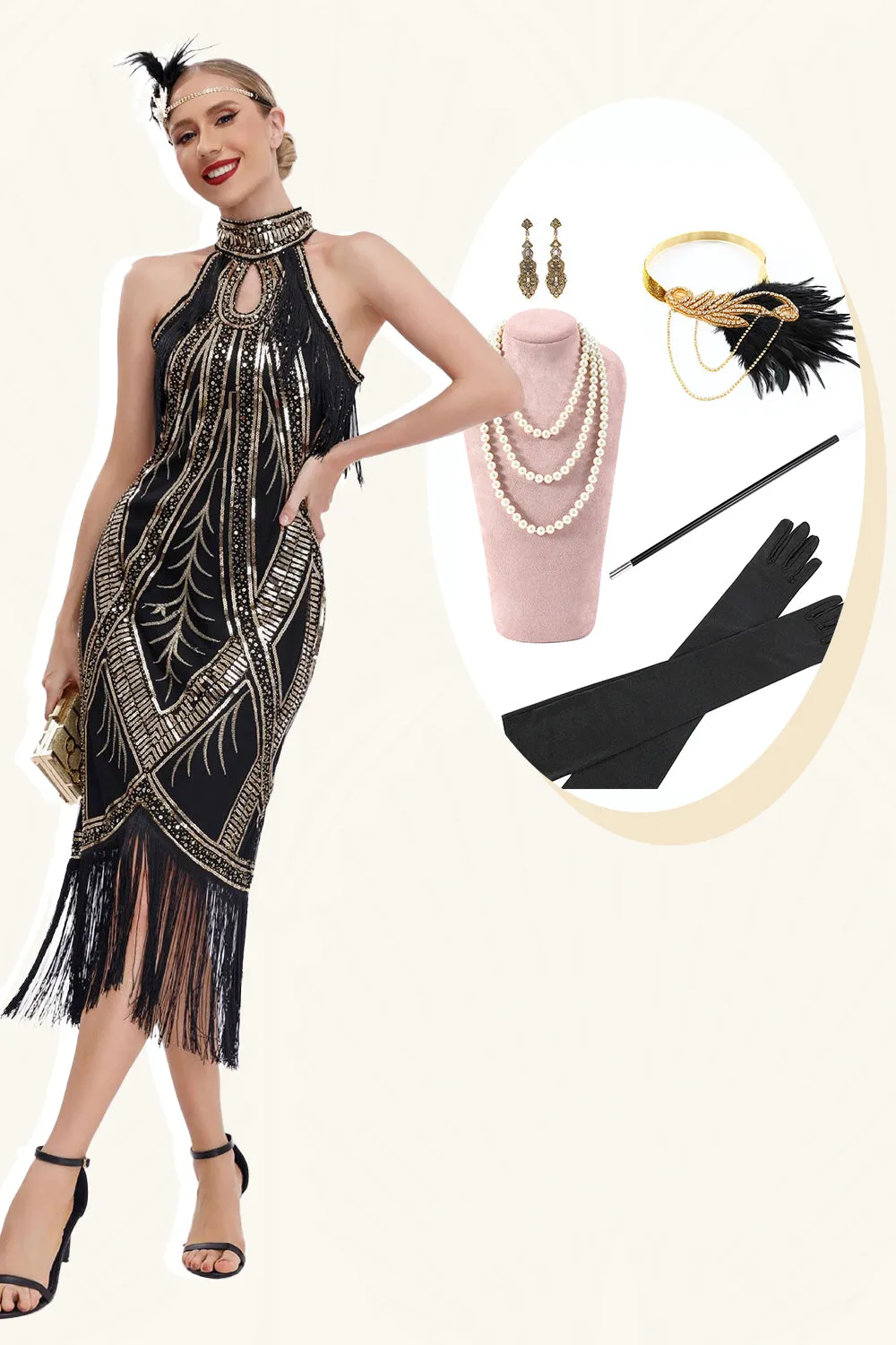 Sparkly Black Golden Sequins Fringed 1920s Dress with Accessories Set sold by Zapaka