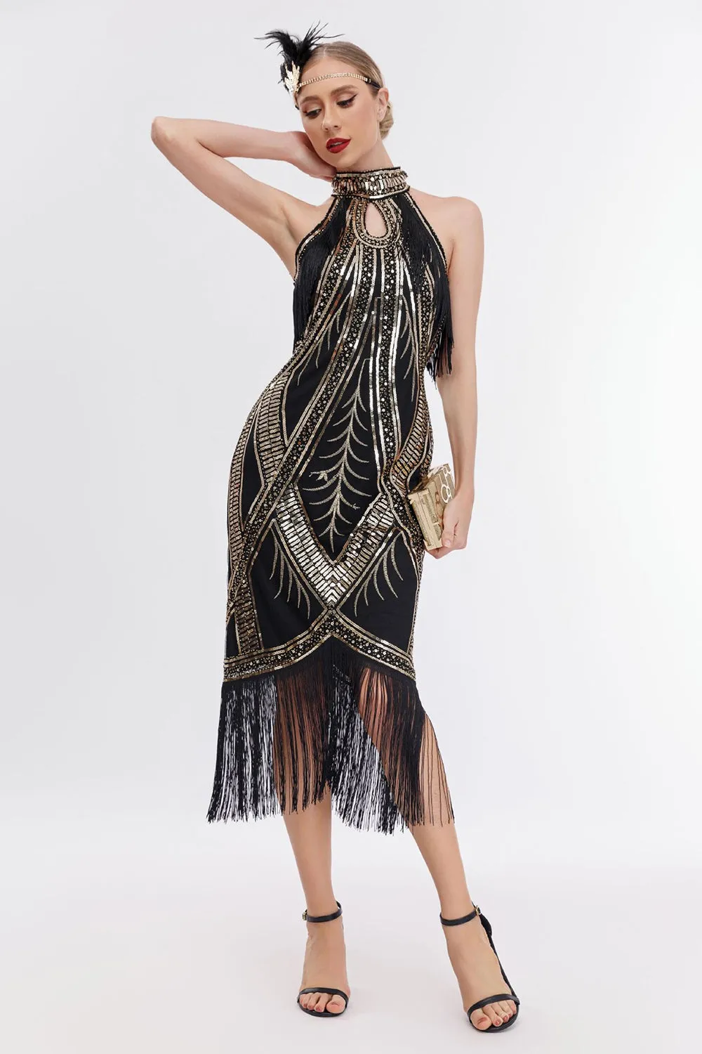 Sparkly Black Golden Sequins Fringed 1920s Dress with Accessories Set sold by Zapaka product image thumbnail 5