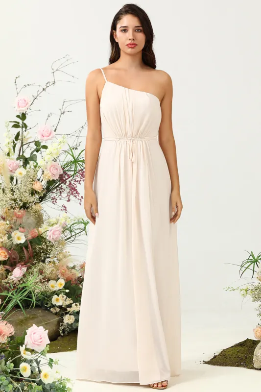 One Shoulder Sleeveless Champagne Long Bridesmaid Dress sold by Zapaka