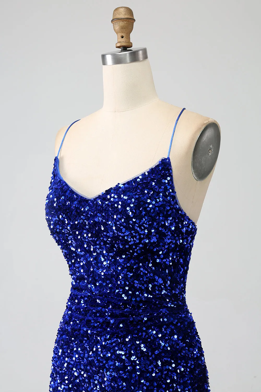 Sparkly Royal Blue Mermaid Spaghetti Straps Sequin Long Prom Dress With Split sold by Zapaka product image thumbnail 5