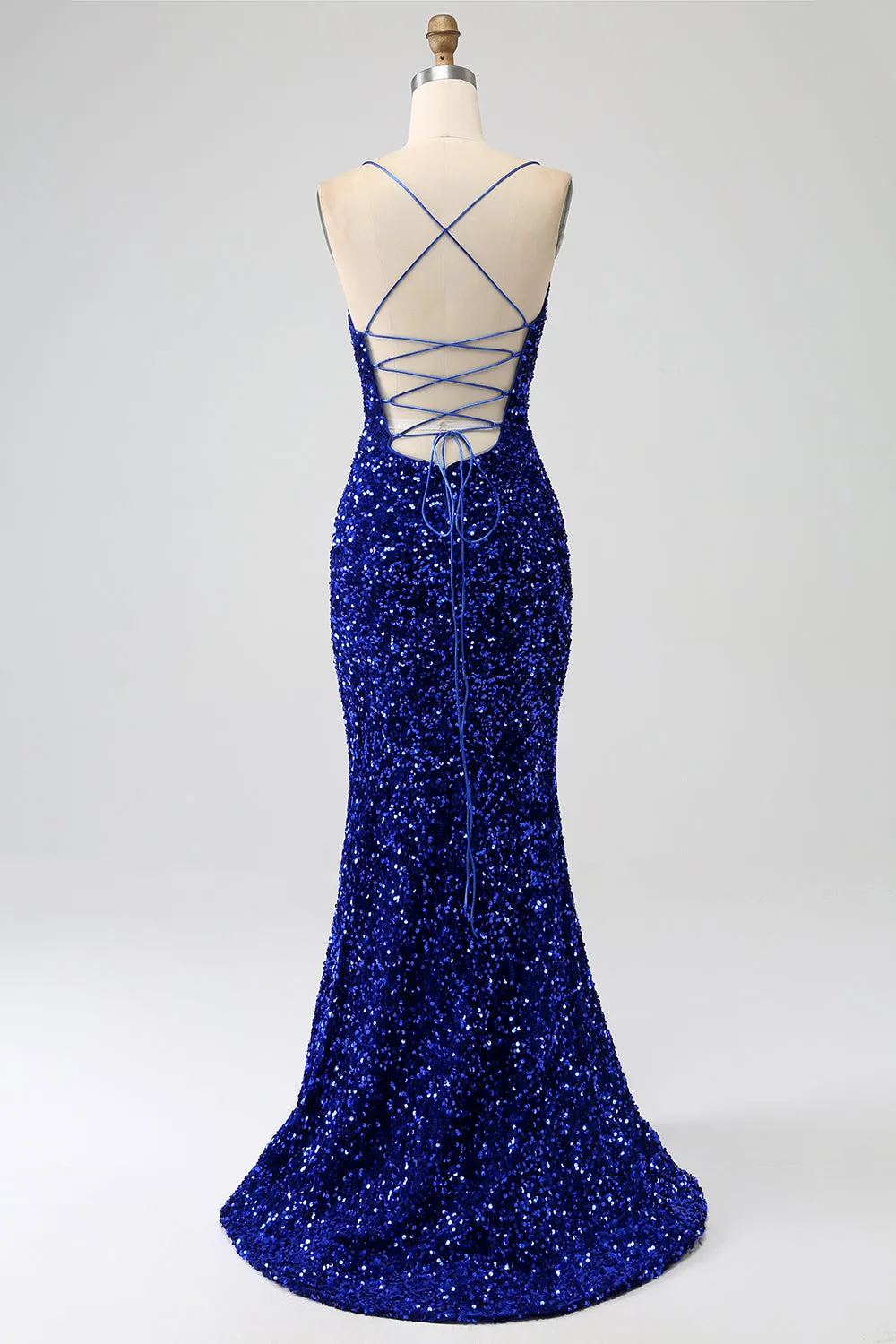 Sparkly Royal Blue Mermaid Spaghetti Straps Sequin Long Prom Dress With Split sold by Zapaka product image thumbnail 2