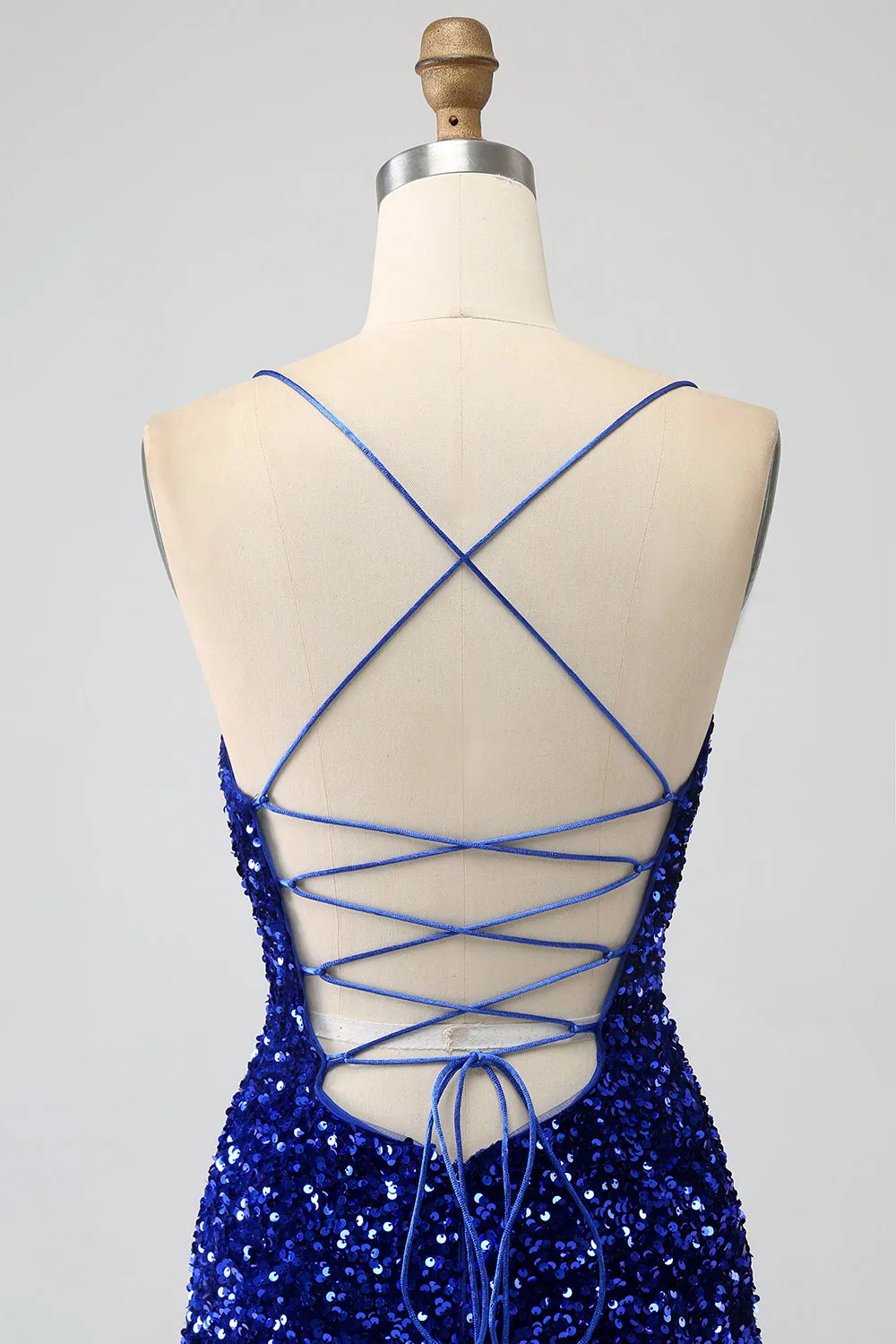 Sparkly Royal Blue Mermaid Spaghetti Straps Sequin Long Prom Dress With Split sold by Zapaka product image thumbnail 4