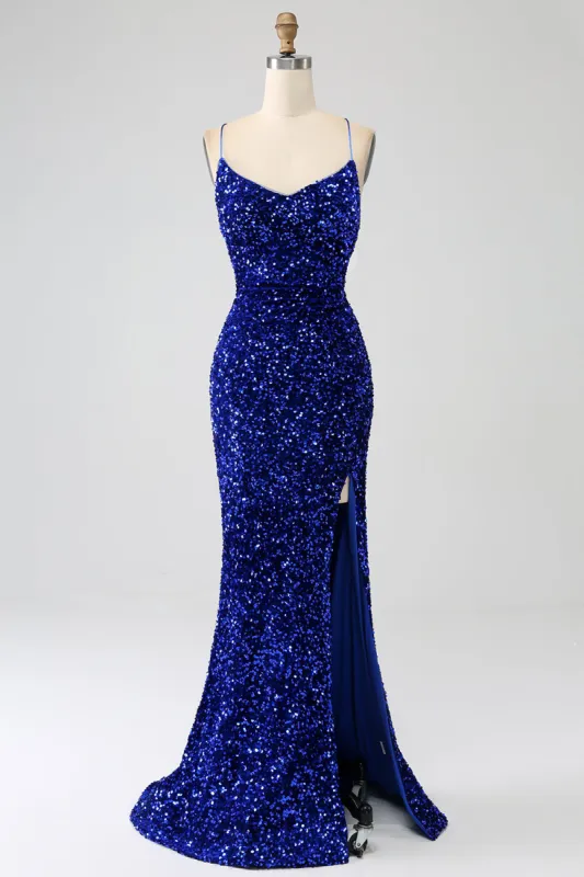 Sparkly Royal Blue Mermaid Spaghetti Straps Sequin Long Prom Dress With Split sold by Zapaka