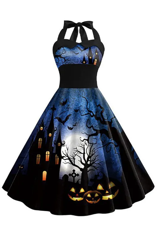 Halloween Printed Halter Blue Vintage Dress sold by Zapaka