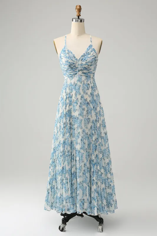 White Blue Flower Spaghetti Straps A Line Wedding Guest Dress sold by Zapaka