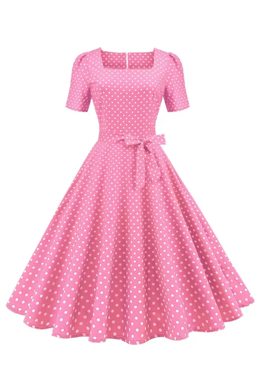 Pink Polka Dots Short Sleeves 1950s Dress sold by Zapaka