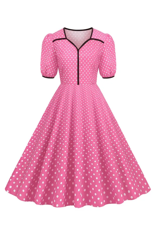 Pink Short Sleeves Polka Dots 1950s Dress sold by Zapaka