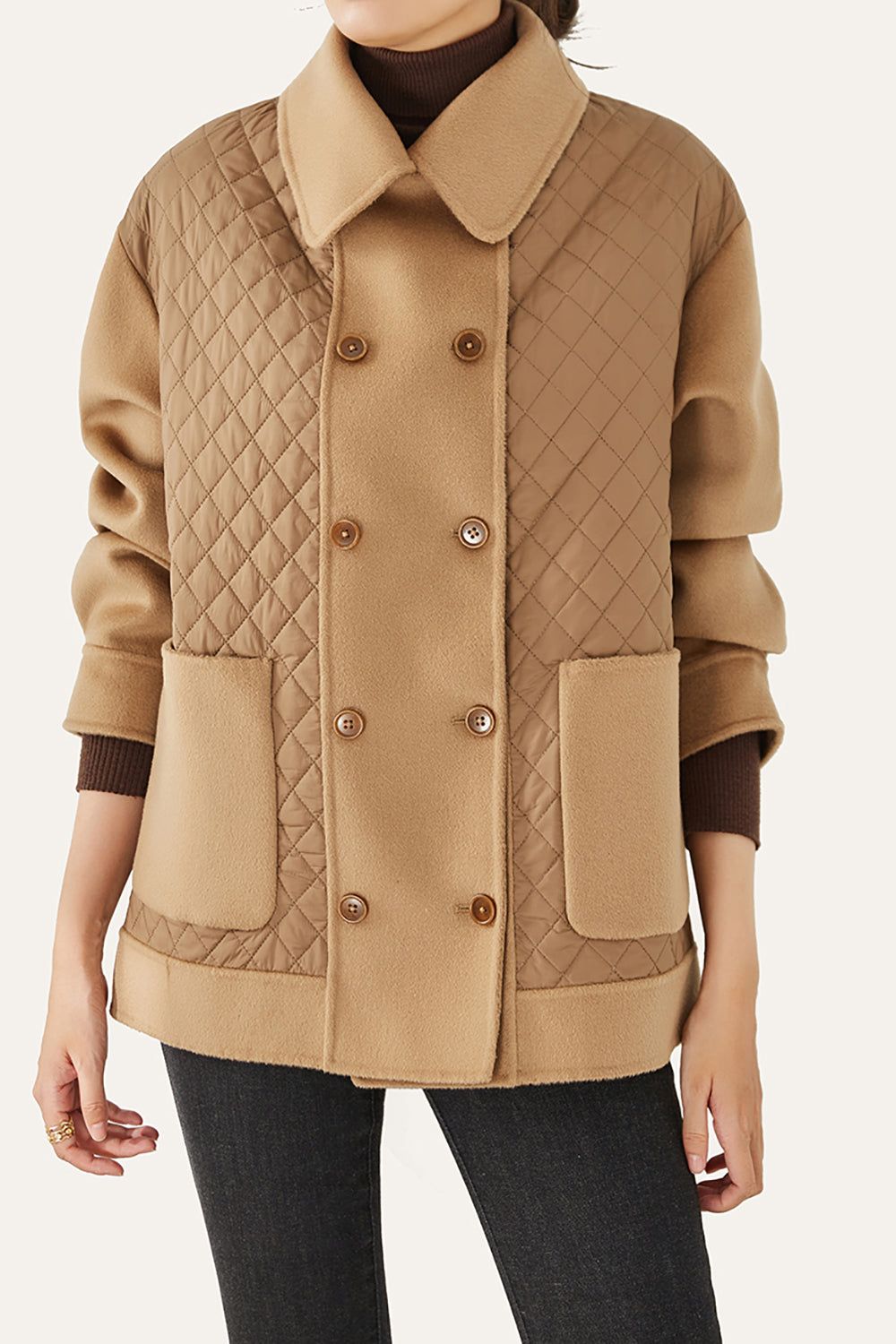 Camel Patchwork Double Breasted Wool Quilted Cropped Coat sold by Zapaka product image thumbnail 3