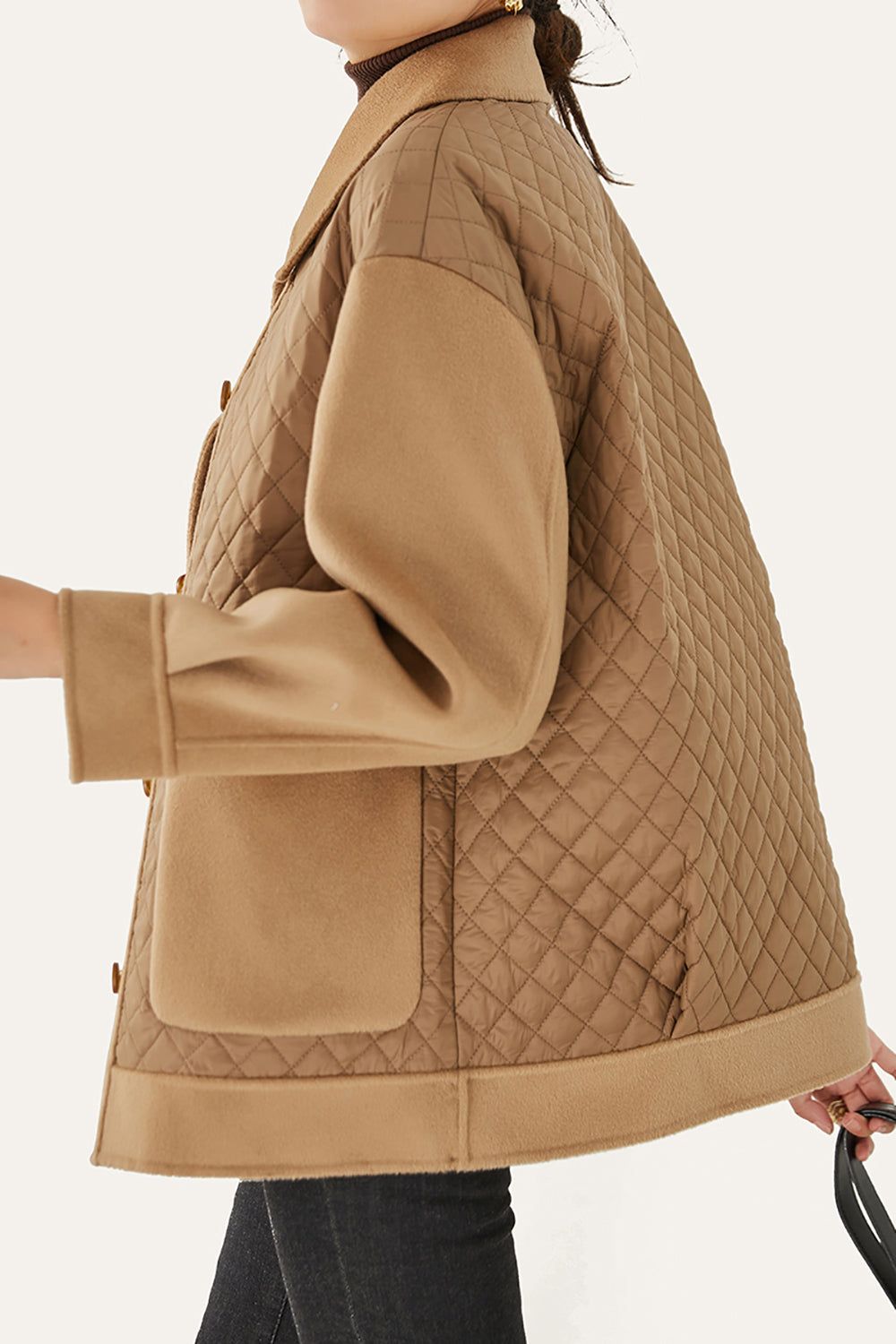 Camel Patchwork Double Breasted Wool Quilted Cropped Coat sold by Zapaka product image thumbnail 4