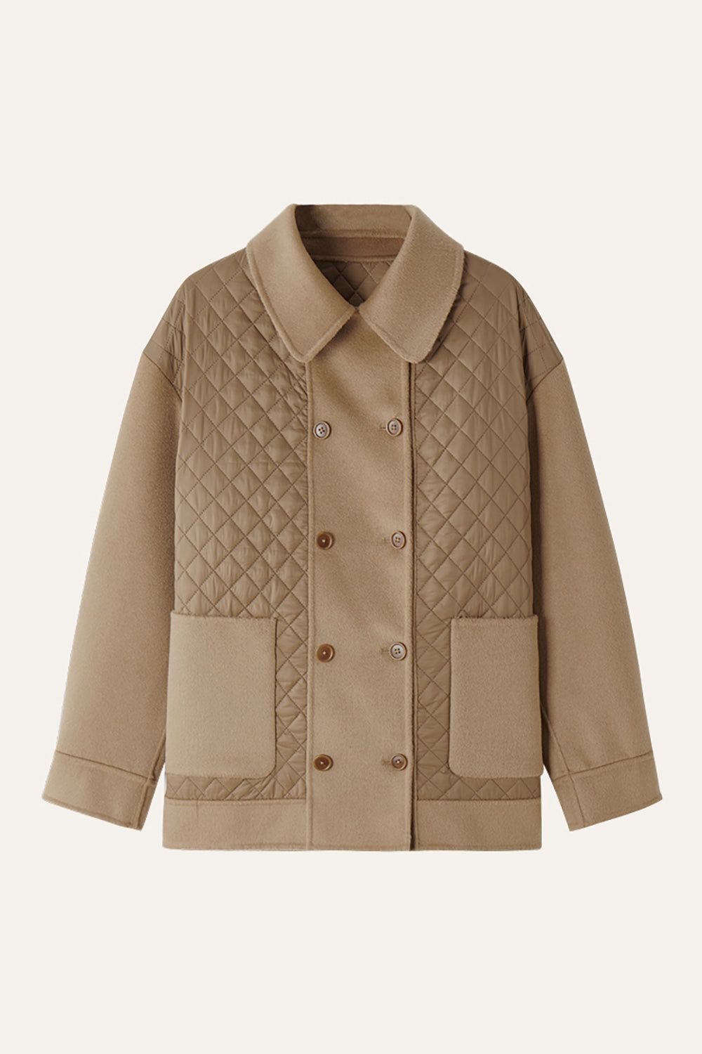 Camel Patchwork Double Breasted Wool Quilted Cropped Coat sold by Zapaka