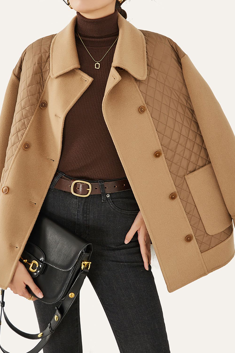 Camel Patchwork Double Breasted Wool Quilted Cropped Coat sold by Zapaka product image thumbnail 5