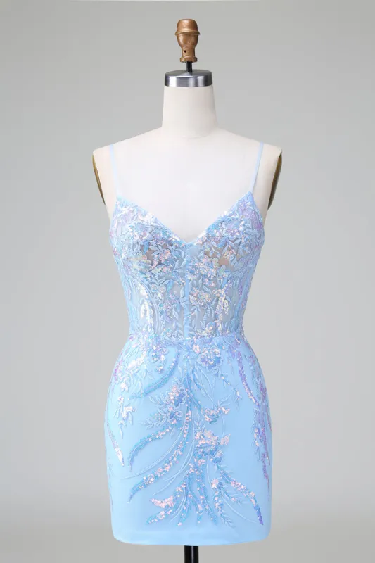 Blue Sequins Corset Open Back Short Homecoming Dress with Embroidery sold by Zapaka