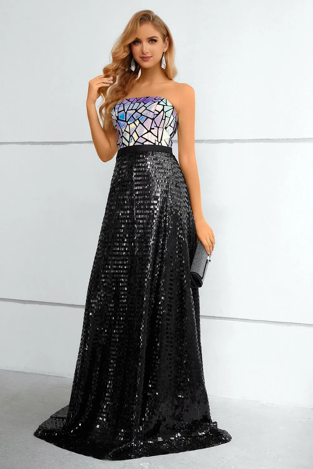 Black A Line Strapless Sparkly Sequin Strapless Prom Dress sold by Zapaka product image thumbnail 3