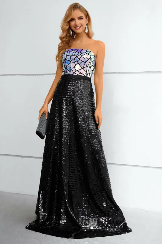 Black A Line Strapless Sparkly Sequin Strapless Prom Dress sold by Zapaka