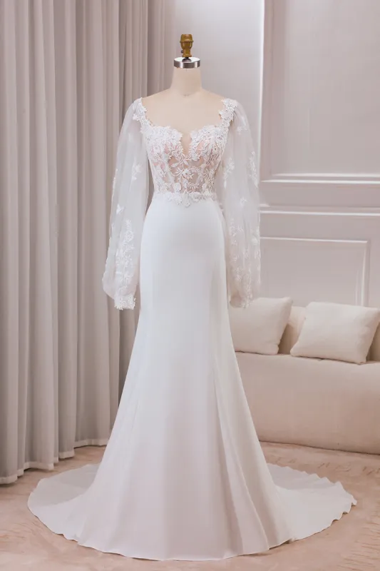 Ivory Lace Sweetheart Neck Long Sleeves Mermaid Wedding Dress with Sweep Train sold by Zapaka