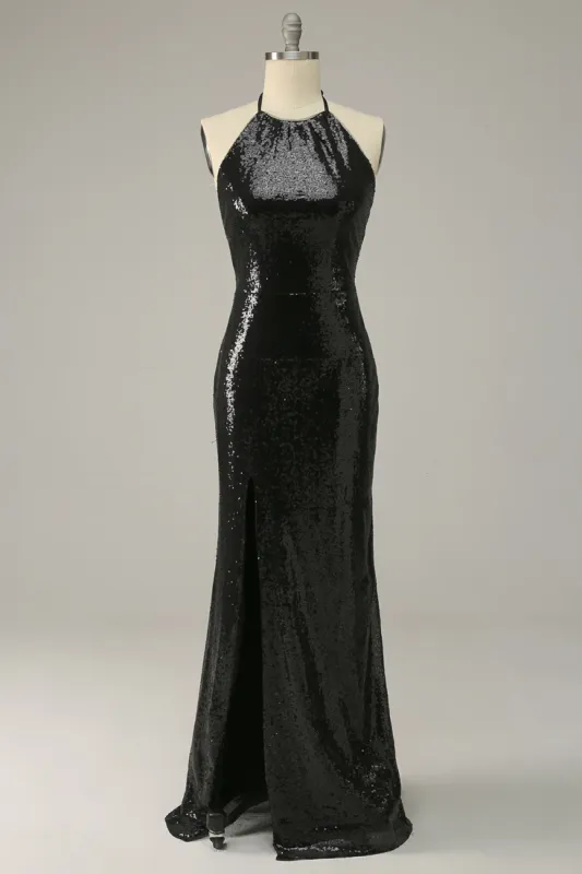 Sheath Halter Black Sequins Plus Size Prom Dress with Open Back sold by Zapaka