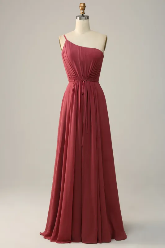 One Shoulder Desert Rose A Line Long Bridesmaid Dress sold by Zapaka