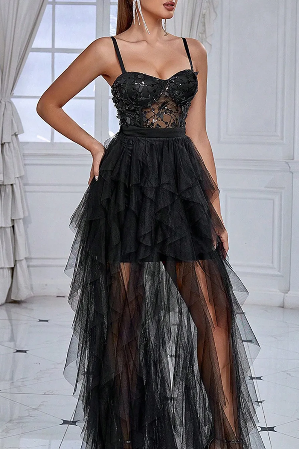 Black Spaghetti Straps A Line Prom Dress with Slit sold by Zapaka product image thumbnail 5