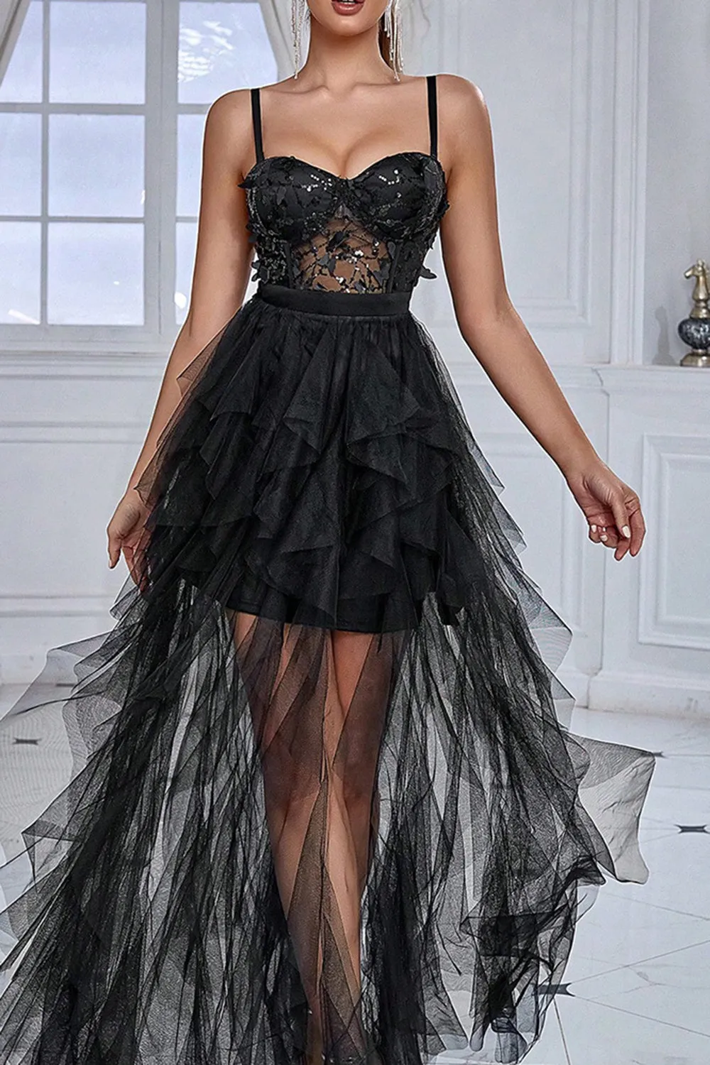 Black Spaghetti Straps A Line Prom Dress with Slit sold by Zapaka product image thumbnail 3