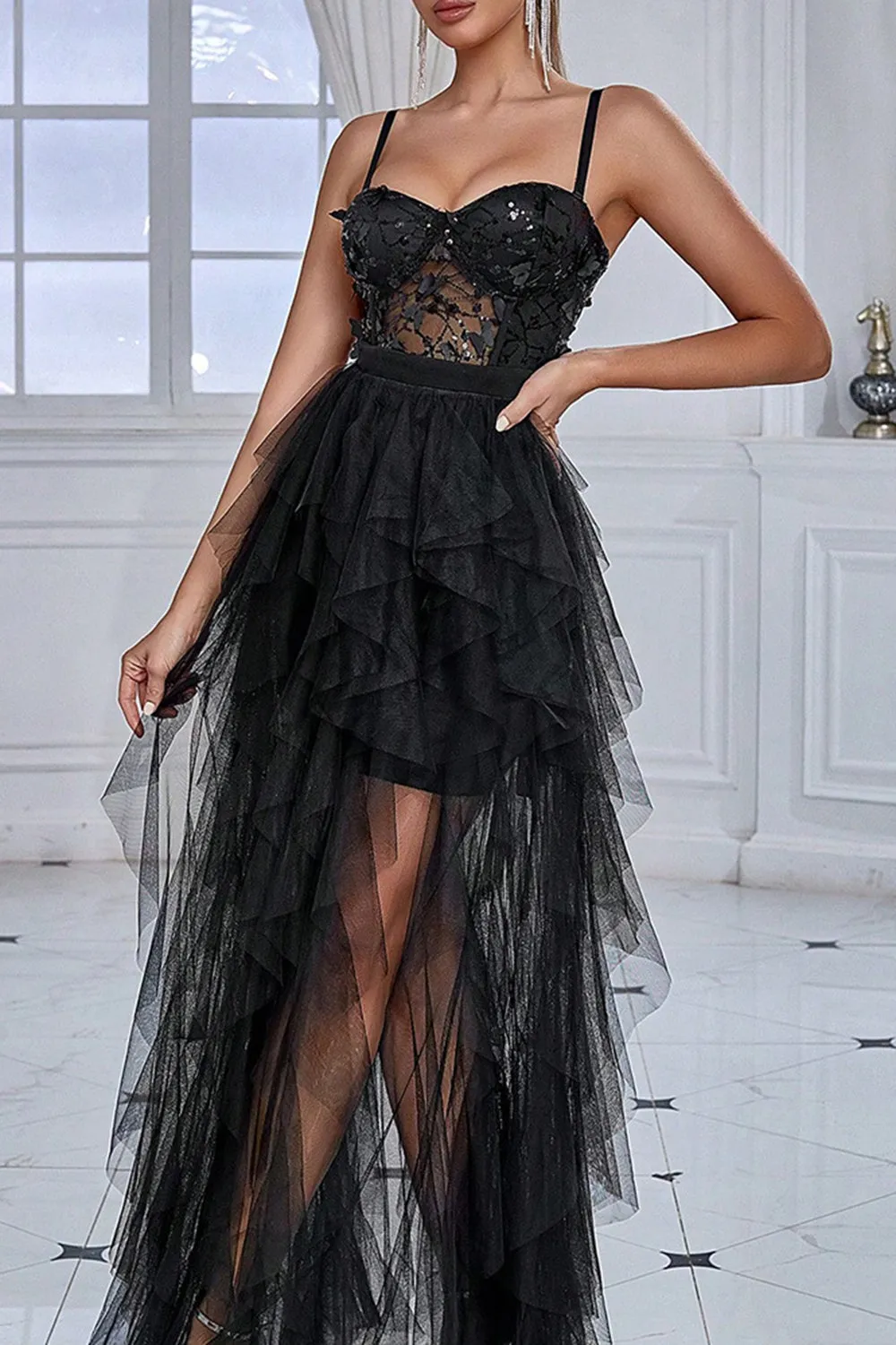 Black Spaghetti Straps A Line Prom Dress with Slit sold by Zapaka product image thumbnail 4